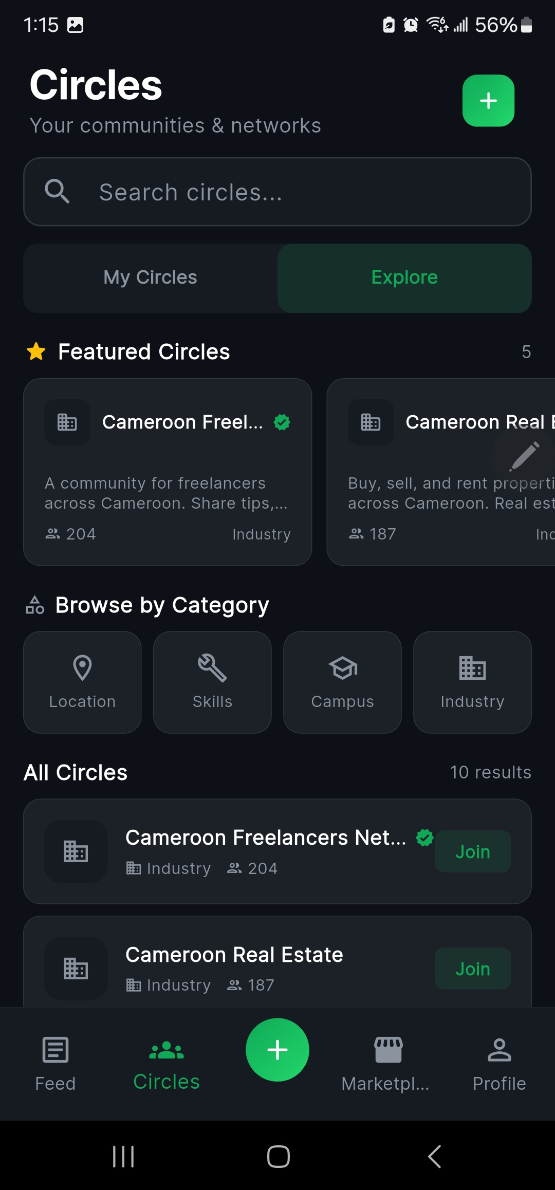 Explore circles with featured communities and category browser