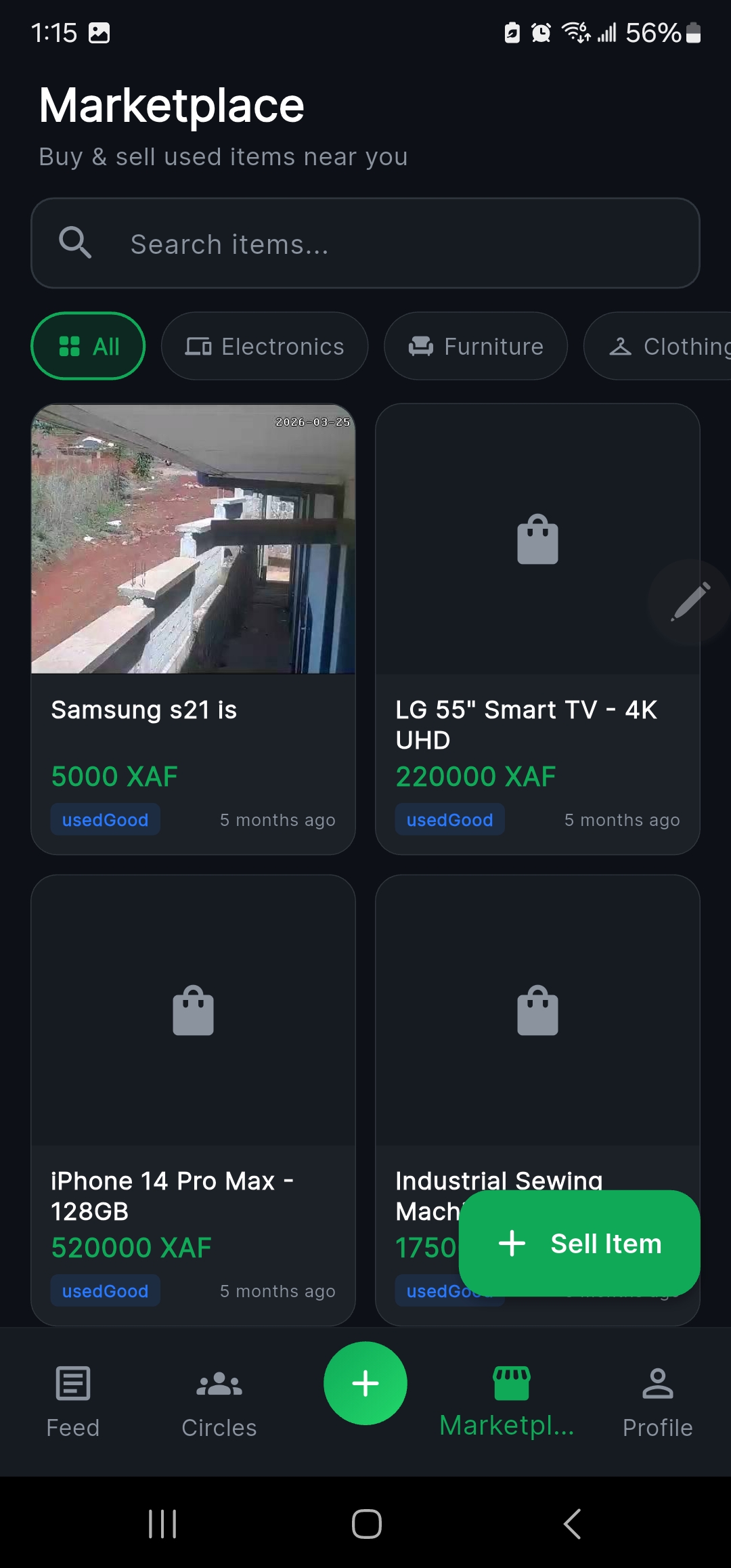 Marketplace grid of items with prices and category filters