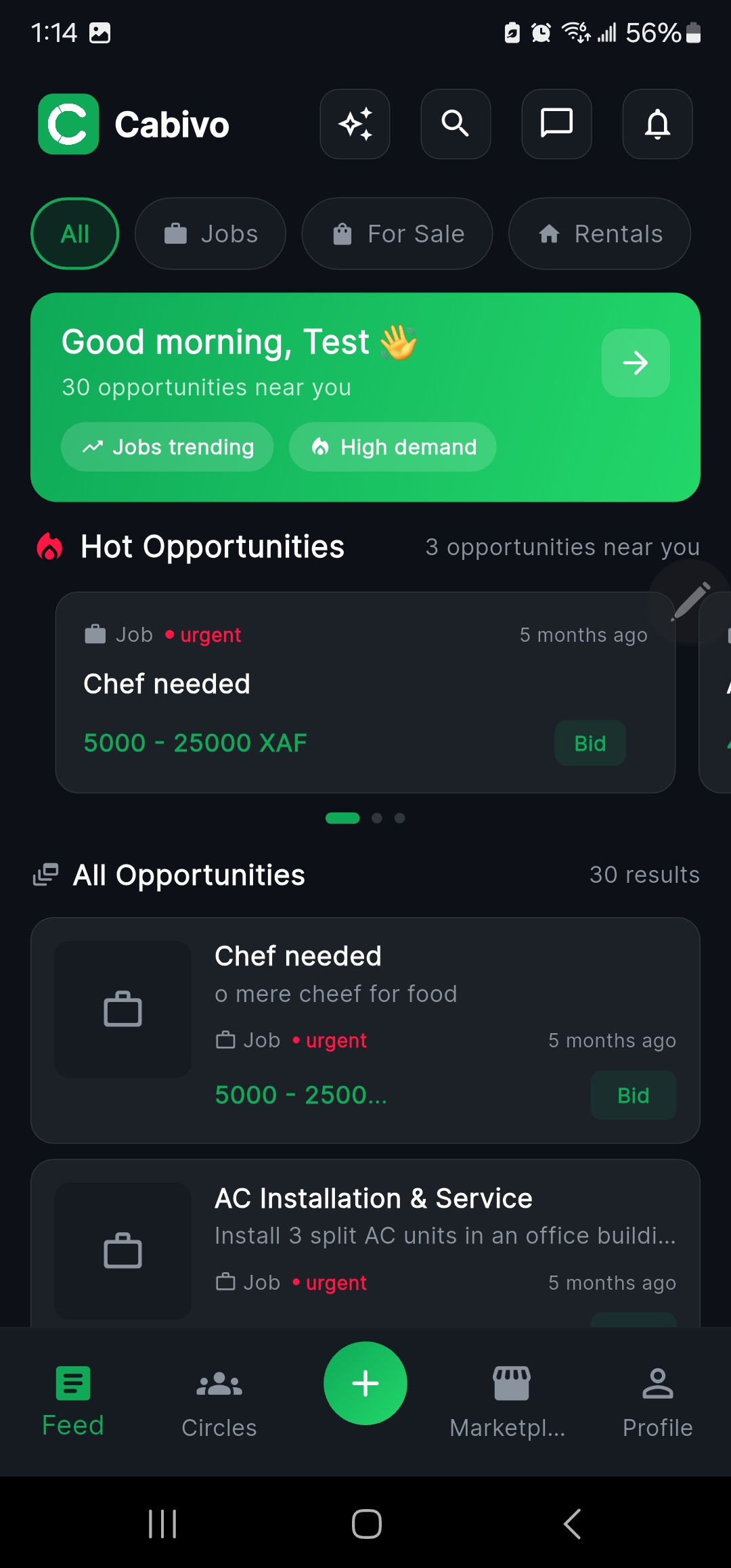 Opportunities feed listing urgent jobs with bidding