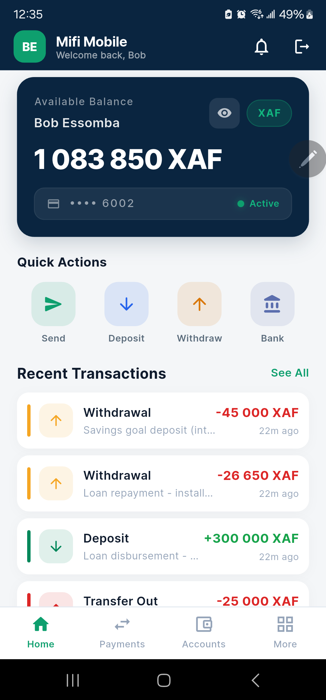 Customer mobile app with balances, quick actions, and recent transactions