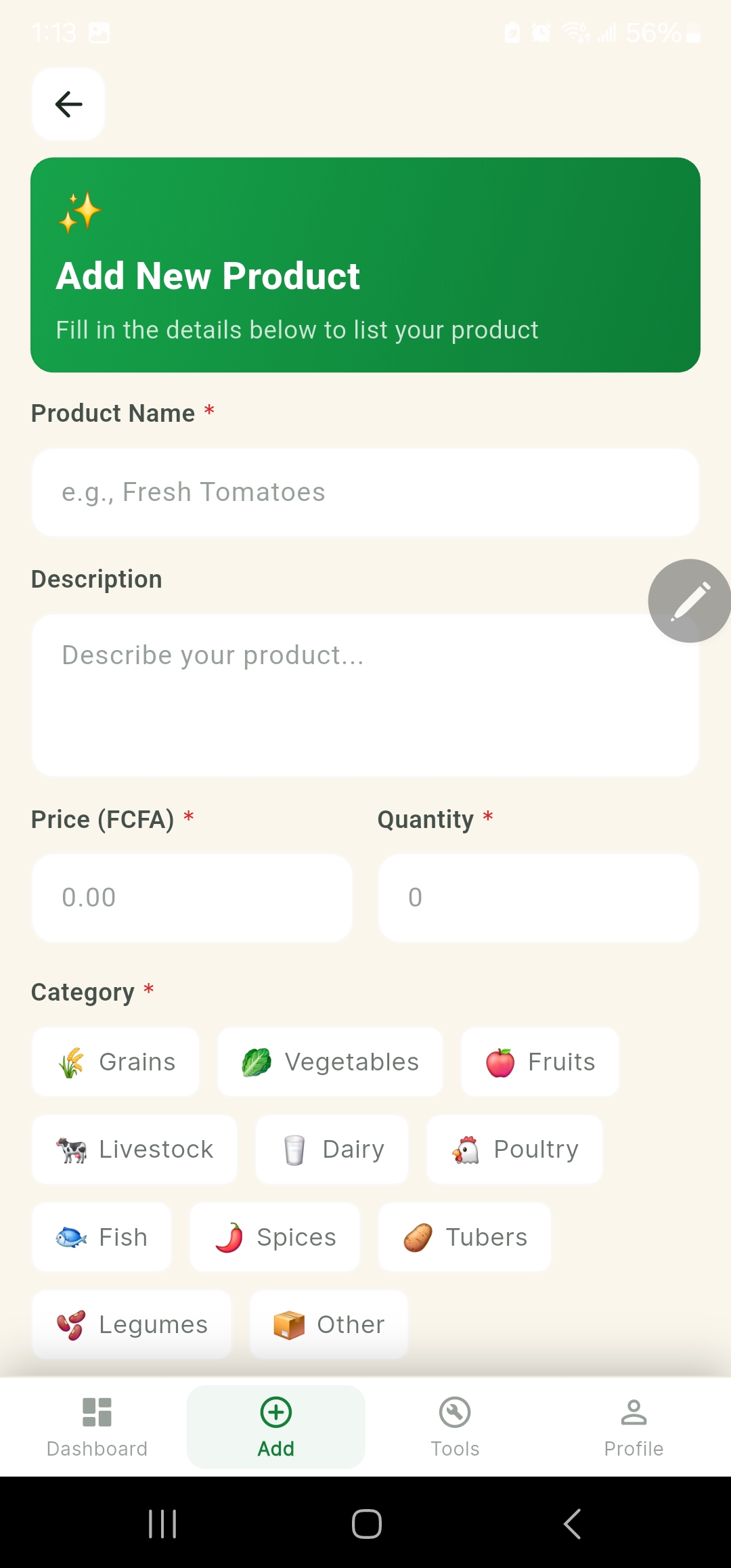 Add New Product form with price, quantity, and category picker