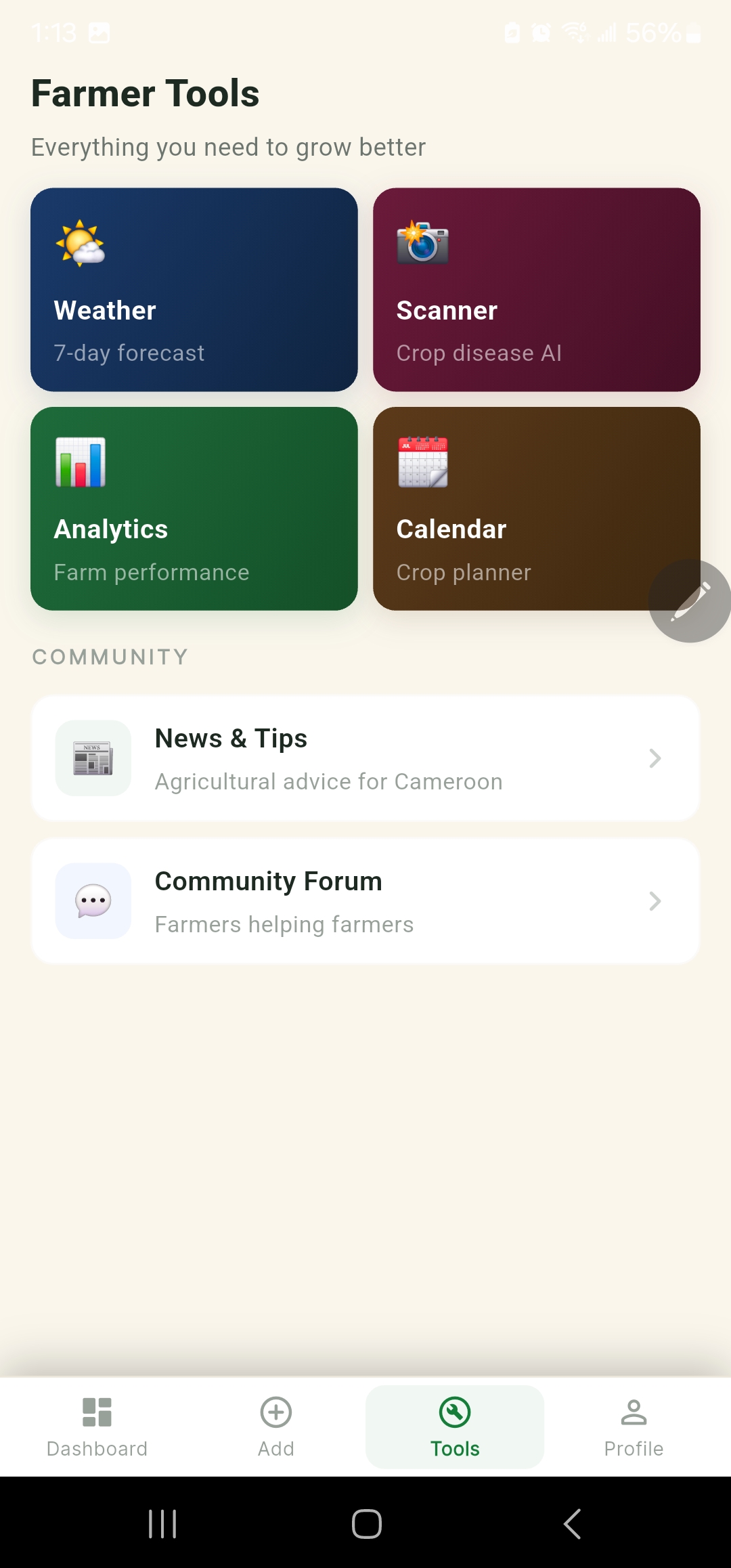Farmer Tools hub: weather, crop scanner, analytics, calendar, community