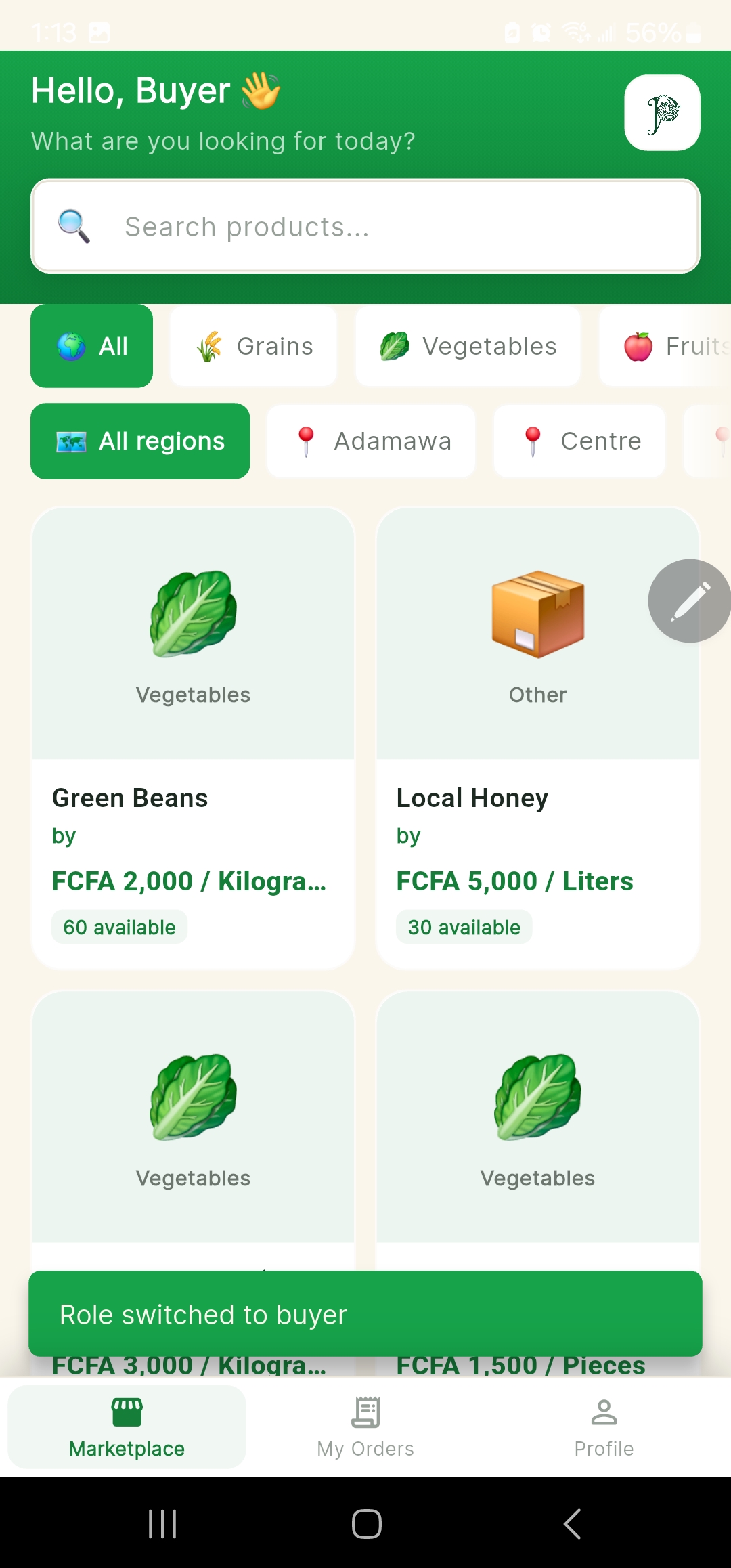 Buyer marketplace browsing produce listings by category and region