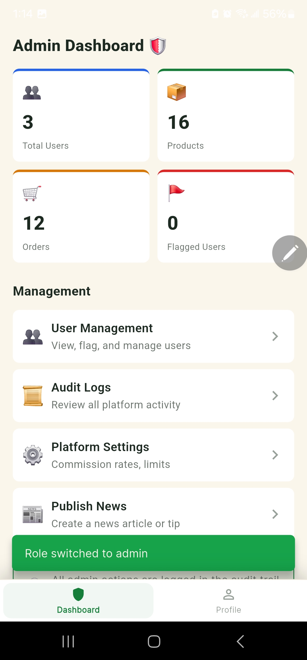Admin dashboard with platform stats, user management, and audit logs